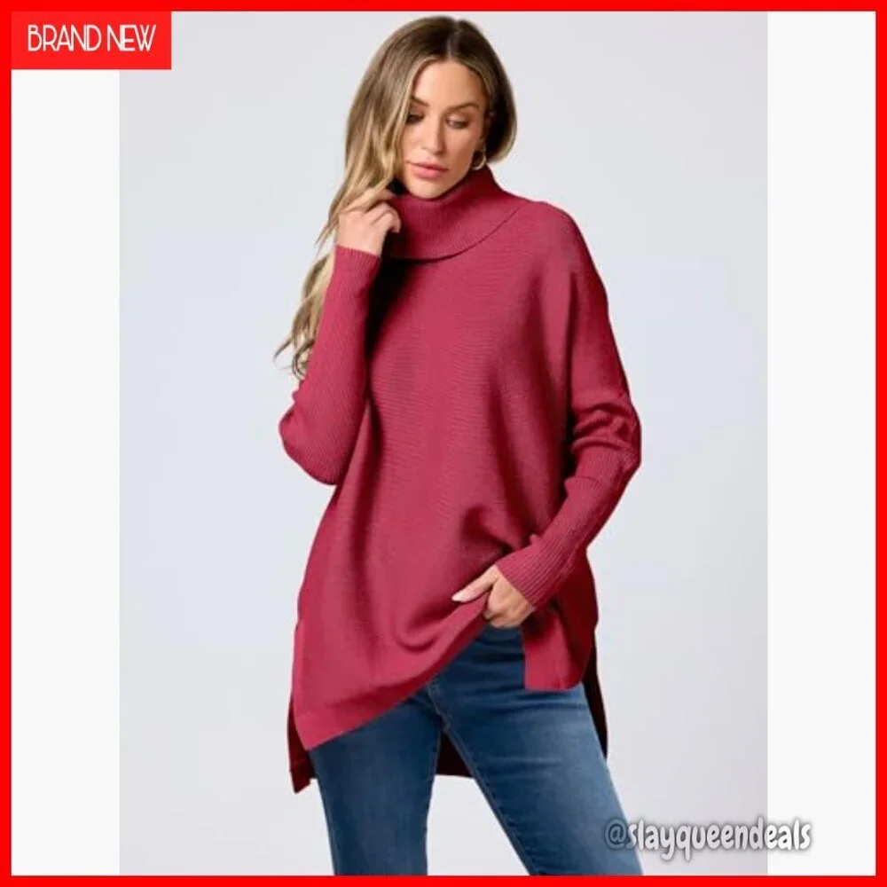 Oversized Turtleneck Batwing Sleeve Split Hem Knit Pullover Sweater Top